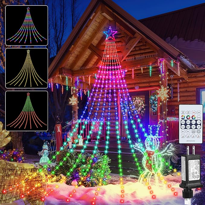 Christmas Decoration Lights, Outdoor Christmas String Lights 320 LED 11.5 Ft Waterfall Tree Light with Big Star Topper 8 Light Modes for Xmas New Year Holiday Garden Yard Indoor Outdoor Decor