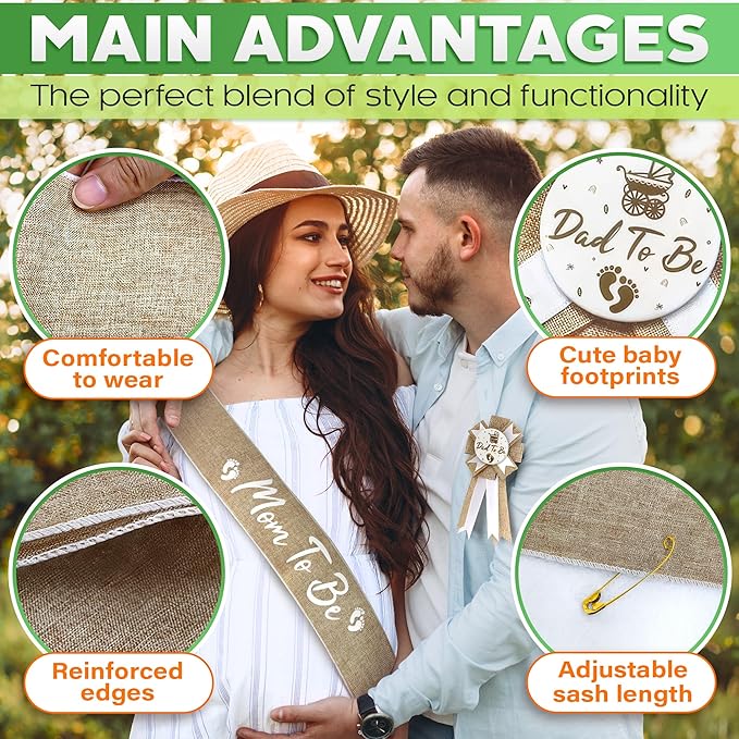 Mom to Be Sash Baby Shower - Stylish Baby Shower Sash & Dad to Be Pin, Elegant Boho Style, Tear & Stain Resistant Burlap & Adjustable Pin - Universal Accessories for Boy & Girl Gender Reveal Parties