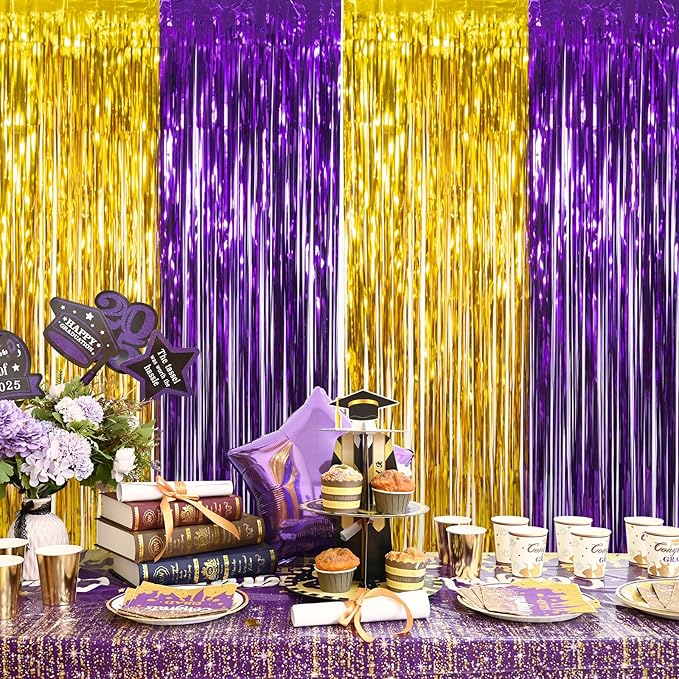 LOLStar Graduation Party Decoration, 2 Pack Purple and Gold 3.3x6.6 ft Foil Fringe Curtains, Tinsel Backdrop, Graduation Photo Booth Prop Streamer Backdrop for Class of 2026, Prom and Grad Party Decor