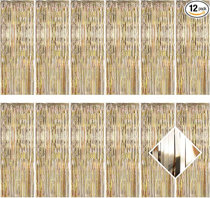 12 Pack Champagne Gold Foil Curtain Backdrop 3.2ft x 6.6ft Metallic Tinsel Fringe Backdrop Curtains Streamer Photo Booth for Birthday Engagement Bachelorette Christmas Holiday Party Décor