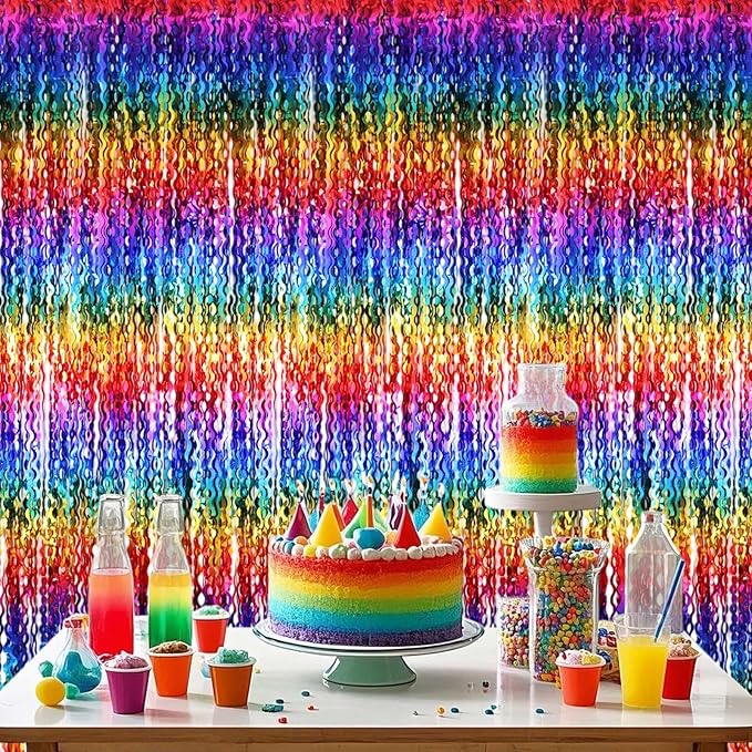 2 Pack Colorful Wavy Foil Fringe Curtain Backdrop, 3.3 X 6.6 Ft Rainbow Wavy Fringe Curtains, Colorful Streamer Shiny Metallic Tinsel Iridescent Streamers for Birthday Party Streamers Photo Booth