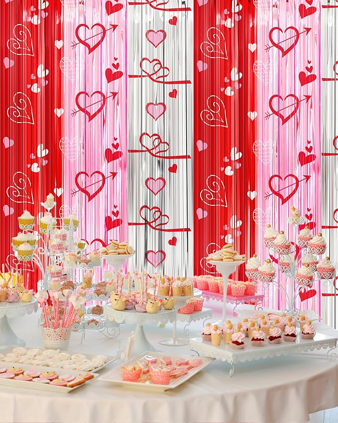 Valentines Decorations Foil Fringe Curtains for Party, 2 Pack 3.3 x 6.6 FT Galentines Day Decorations Red Pink Silver Tinsel Streamer, Valentines Backdrop Heart Decoration for Birthday Wedding