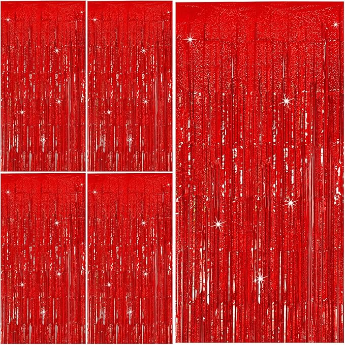 Tinsel Curtain Party Backdrop Red Birthday Party Decorations 5 Packs Glitter Foil Fringe Curtain Decor Streamers Photo Booth for Christmas Wedding Halloween Graduation