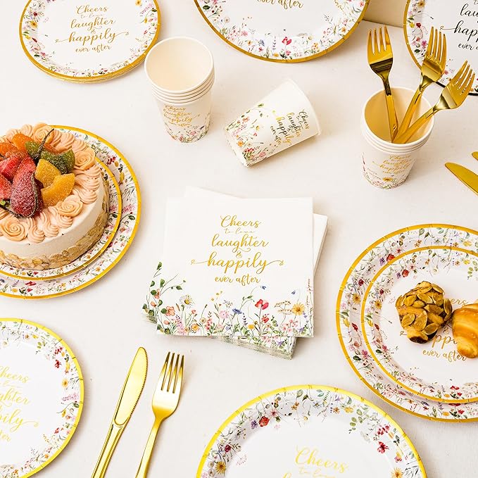 Crisky Bridal Shower Plates and Napkins Gold Cheers to Love Disposable Tableware Set of 24 for Engagement Bridal Shower Wedding Party Decorations (Plates, Napkin, Cups, Tablecloth, Knife & Fork)