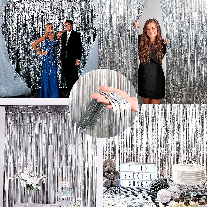 Dazzle Bright 2 Pack Backdrop Curtain, 3FT x 8FT Metallic Tinsel Foil Fringe Curtains Photo Booth Background for Baby Shower Party Birthday Wedding Engagement Bridal Shower (Silver)