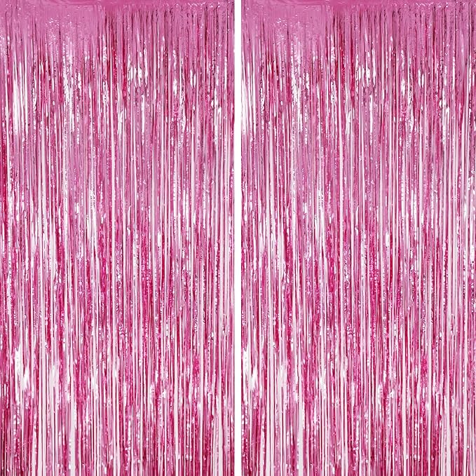 2 Pack Foil Fringe Backdrop - Pink Shiny Tinsel Curtains for Party Decoration/Photo Booth Props - 3.3x6.6 FT Metallic Foil Backdrop for Birthday, Wedding, Graduation, Christmas.