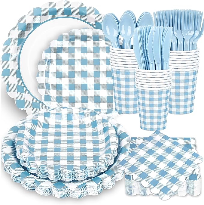 200 Pcs Light Blue Gingham Party Supplies Blue and White Scalloped Paper Plates and Napkins Cups Disposable Gingham Checkered Plaid Dessert Plates Tableware Set for Baby Shower Wedding BBQ