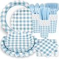 200 Pcs Light Blue Gingham Party Supplies Blue and White Scalloped Paper Plates and Napkins Cups Disposable Gingham Checkered Plaid Dessert Plates Tableware Set for Baby Shower Wedding BBQ