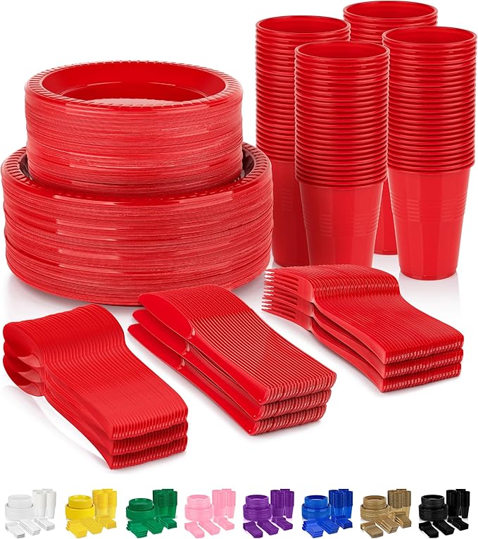 720 Piece Red Disposable Dinnerware Set (120 Guests) Plastic Dinnerware Set Disposable - 120 Count, 9" Dinner Plates, 7" Dessert Plates, 12oz Cups, Forks, Knives & Spoons- Plastic Party Plates Set