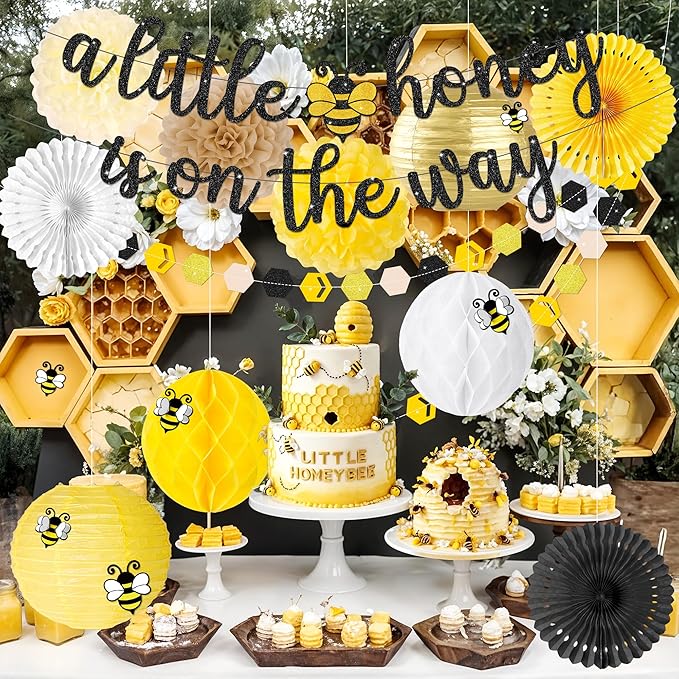Kriyokiaa Bee Baby Shower Decorations 15 Pcs Honey Bee Baby Shower Decorations with A Little Honey is On The Way Banner, Paper Lantern Fans, Pom Poms, Honeycomb Ball for Bumblebee Party Decor