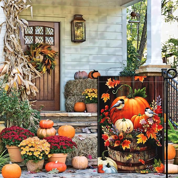 Fall Garden Flag Thanksgiving Halloween Pumpkin Yard Garden Flags for Outside 12×18 Inch Double Sided 3Ply Polyester Small Autumn Welcome Garden Flag Outdoor Decorations