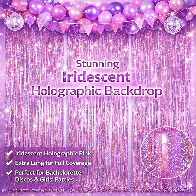 Melsan Pink Foil Fringe Curtains Easter Decorations for Home – 3 Pack 3.2 x 8.2 ft Shiny Tinsel Backdrop for Bachelorette Party, Disco Y2K Decorations, Girls Birthday & Photo Booth Backdrop