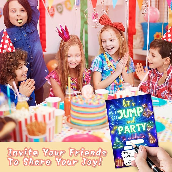 DETIHO 4" x 6" Jump Trampoline Birthday Party Invitation Cards With Envelopes - Let's Jump and Part - Bounce House Party Invitation - 20 Sets - E19