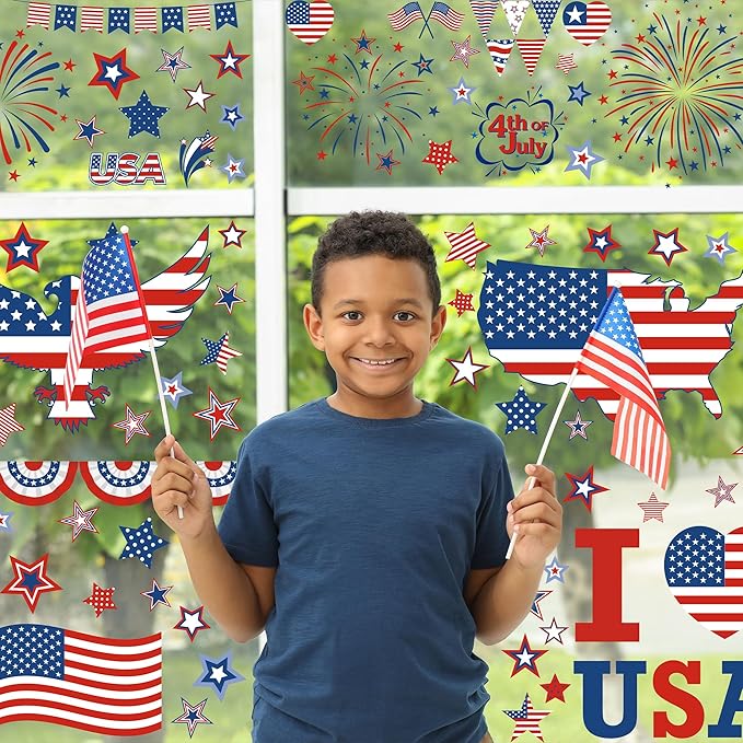 152 Pcs 4th of July Window Clings, 9 Sheets Patriotic Window Clings Decals, Watercolor Double-Sided American Flag Stars Firework Window Stickers for Independence Day Parade Veterans Memorial Day Decor
