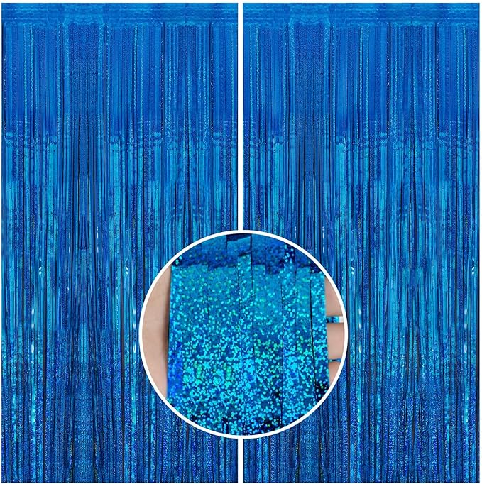 2 Pack 3.3 x 8.2 ft Tinsel Foil Fringe Curtain Backdrop, Upgraded Blue Glitter Metallic Streamers Backdrop Curtains for Birthday Parties, Baby Shower, Under the sea, Ocean Mermaid Party Decorations