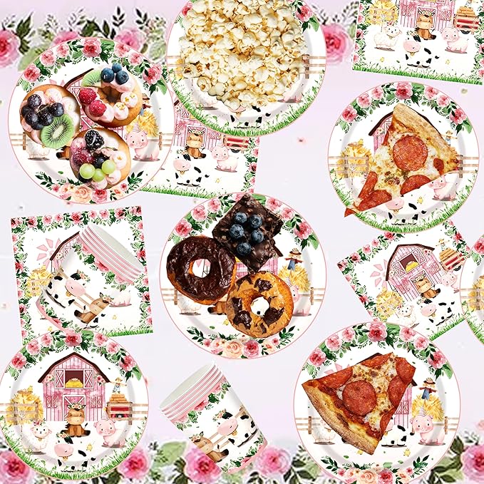 194Pcs Farm Animals Party Supplies Tableware Set for 24 Guests, Cute Watercolor Farm Theme Birthday/Baby Shower Includes Tablecloths, Plates, Cutlery, Banner - Barn Animal Party Decorations