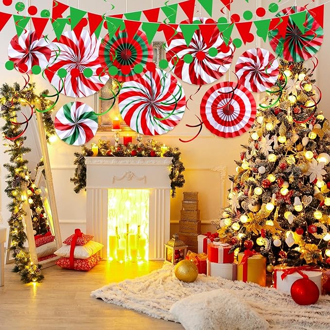 Outus 25 Pcs Christmas Party Decorations Supplies Merry Christmas Party Banner Red Green White Xmas Paper Fans Flower Pom Poms Hanging Swirls Pennant Circle Dots Garland for Xmas Birthday Decor