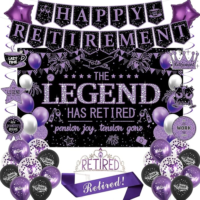 Roetyce Retirement Party Decorations Women, Black and Purple Happy Retirement Banner Backdrop Balloons Hanging Swirls for Coworker, Lengend Has Retired Sash & Crown, Office Retired Background