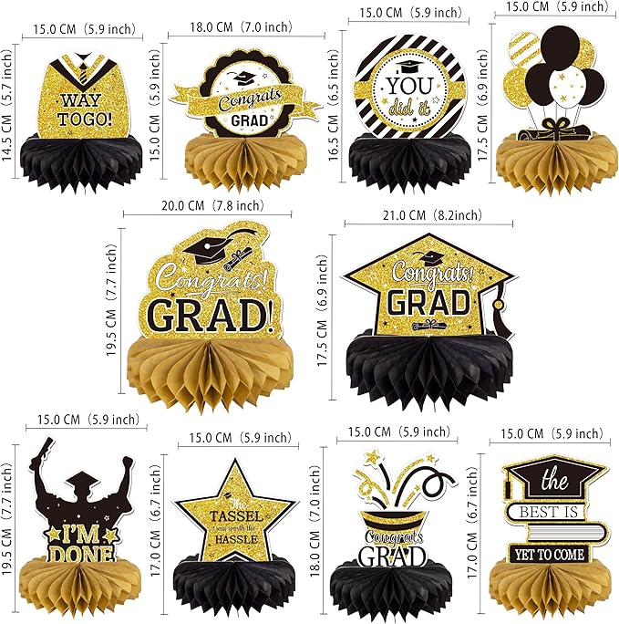 10PCS Graduation Decorations Class of 2025 Centerpieces, Congrats Grad Honeycomb Table Toppers for Graduation Party Favors, 2026 Graduation Party Decorations (10PCS, GlitterGold & Black)