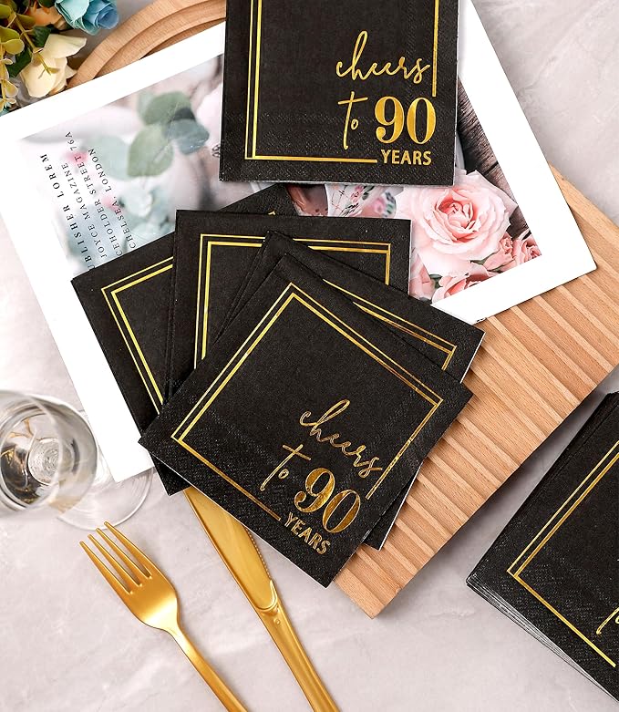Cheers to Years Cocktail Napkins - 50 PK - 3-Ply Birthday Napkins 5x5 Inches Disposable Party Napkins Beverage Paper Napkins or Birthday Decorations Wedding Anniversary Black and Gold (90 Years)