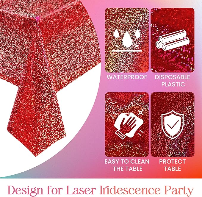 Sparkling Holographic Laser Tablecloth - Shimmering, Waterproof, Easy to Clean - Ideal for Halloween, Bachelorette, Birthday, Wedding, and Anniversary Party Decorations (Red & Black, 2)
