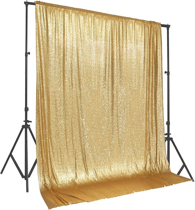 PartyDelight Gold Sequin Backdrop 10x10ft - High Density 3mm Shimmer Sequin Background with 4-Inch Rod Pocket, Sparkly Photography Curtain for Wedding, Gala, Stage & Large Event Decor