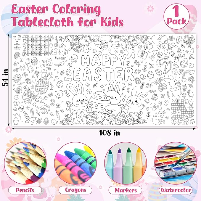 Giant Easter Coloring Tablecloth, 54" x 108" Easter Crafts Table Cloth, Coloring Tablecloth Disposable for Crafts Party Decorations, Rectangular Painting Poster Banner Art Activities with Bunny Eggs