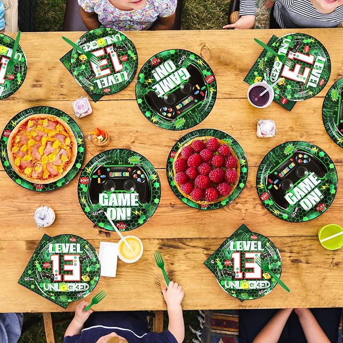 Grencian 96Pcs 13th Birthday Video Game Party Supplies Green Video Game Plates and Napkins Level Unlocked Tableware Set for Gaming Boys 13 Year Old Kids Birthday Party Decorations Serves 24