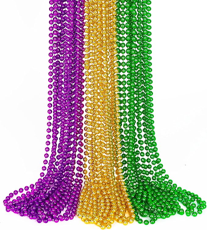 15PCS Mardi Gras Beads, Green Purple Gold Mardi Gras Necklace Accessories, 33" Round Festival Beads Carnival Party Favors Bulk, Necklace for Parade Throws Party Decorations Costumes Supplies