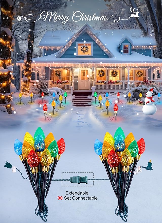 Brightown 4 Pack Strawberry C9 Christmas Pathway Lights Outdoor - Total 69.6 Feet 40 LED Christmas Walkway Light, Christma Light Outdoor Decorations for Yard Lawn Holiday Outside, Multicolor