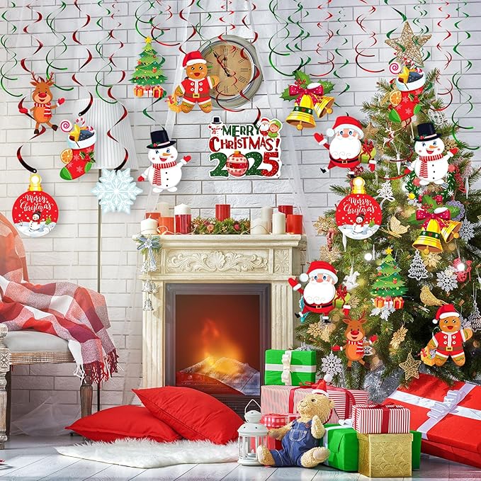 30 Pcs Christmas Hanging Foil Swirl Decorations Set Xmas Holiday Snowman Elk Sign Hanging Swirls Ceiling Decorations for Indoor Outdoor Xmas Holiday Party Supplies (Snowman Elk)