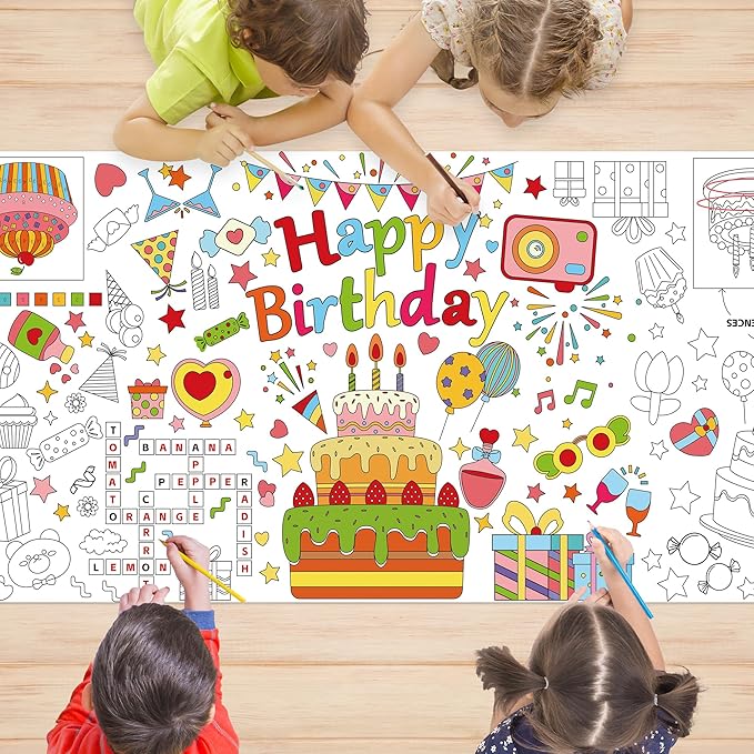 Happy Birthday Giant Coloring Poster 30 x 72 Inches Large Coloring Tablecloth for Kids School Home Party Supplies Decoration