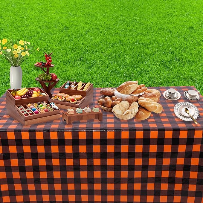 Kesfey 3 Packs Fall Orange Buffalo Check Plaid Tablecloth 54 x 108 Inches Waterproof Autumn Thanksgiving Gingham Table Cloth Disposable Orange and Black Plastic Checkered Picnic Tablecover for Camping