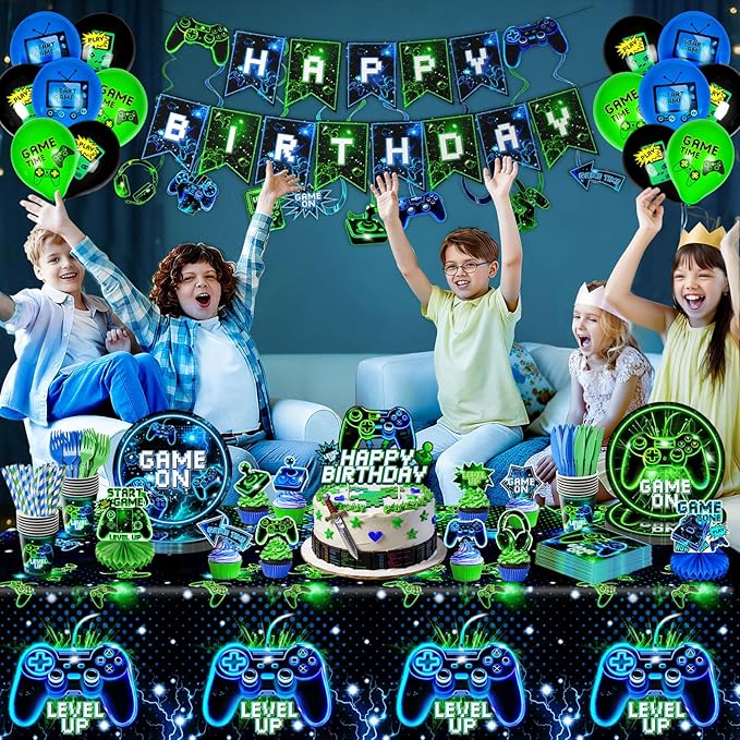 Video Game Birthday Party Decorations for Boy, Neon Gamer Party Tableware Set with 24PCS Plates Cups Napkins, Banner Tablecloth, Balloons, Game Level Up Theme Decor Serves 24