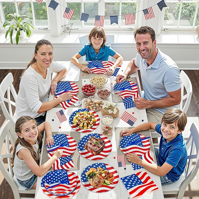 American Flag Patriotic Party Supplies - 4th of July Paper Plates, Napkins and Forks Set, Disposable Dinner Dessert Plates and Napkins for Memorial Day Independence Day Table Decorations, Serves 24