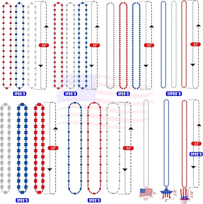 Moon Boat 72PCS 4th of July Accessories Necklaces: Blue White and Red Beads Bulk, Patriotic Party Independence Memorial Day Favors Toys Decorations