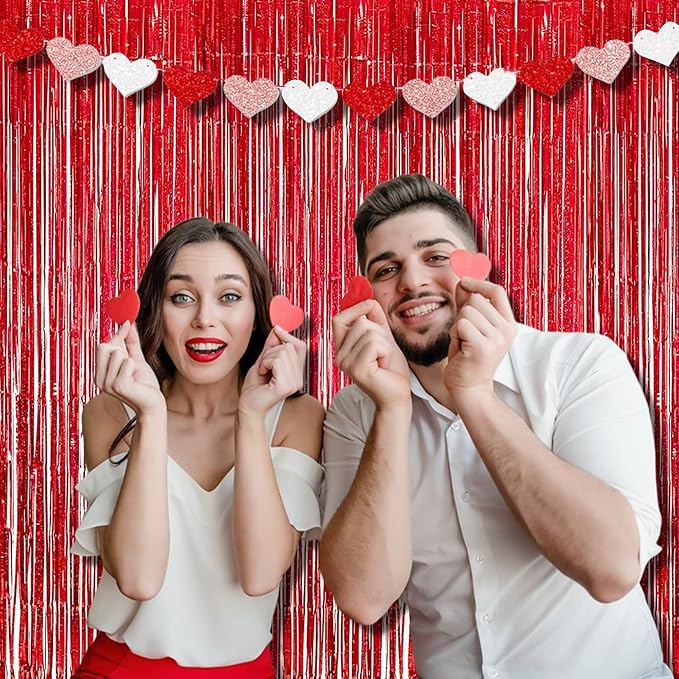 BRAVESHINE Red Tinsel Foil Fringe Curtains - 2Pcs 3.2x8.2ft Holidays Photo Booth Party Backdrop for Valentines/Bachelorette/Anniversary/Engagement/Christmas/Girl/Birthday/Bridal/New Years Decorations