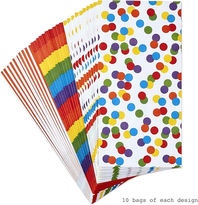 Hallmark Celebrate Rainbow Party Favor and Wrapped Treat Bags (30 Ct., 10 Each of Vertical Stripes, Horizontal Stripes, Dots) for Birthdays, Baby Showers, School Lunches, Care Packages, May Day