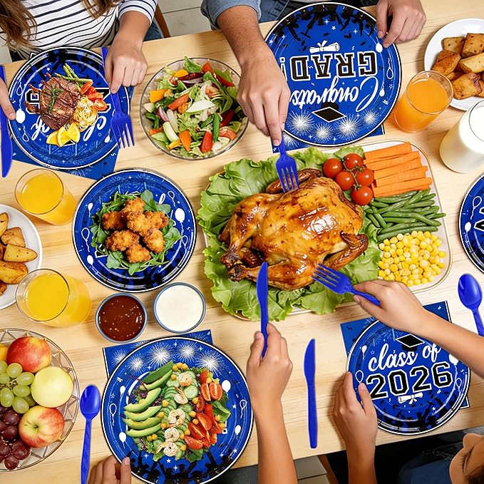 175PCS Graduation Plates and Napkins Set 2026 Graduation Party Supplies Tableware Set Include Paper Plate Napkin Cup Knife Fork Spoon for Grad Party Decor Serve25 (Blue and Black)