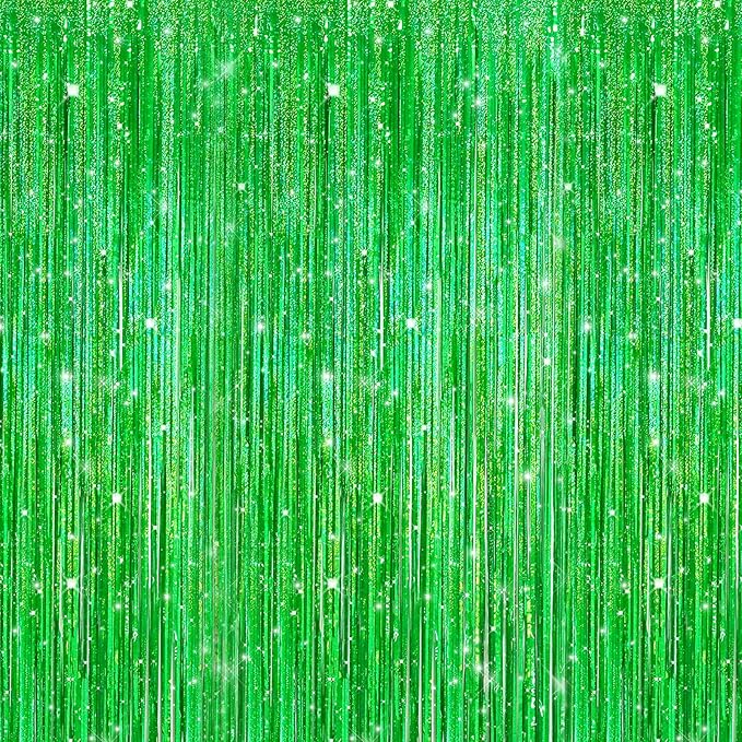 Crosize 2 Pack 3.3 x 9.9 ft Laser Green Foil Fringe Curtains Party Decorations,Tinsel Curtain Backdrop for Parties, Door Streamers, Glitter Streamer Backdrop for Birthday Decoration