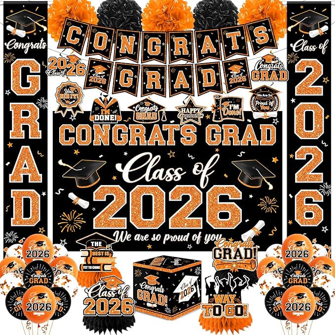 Graduation Decorations Class of 2026,Orange and Black Graduation Decorations 2026- Congrats Grad Decorations Orange Banner＆Hanging Swirls,Card Box,Pompoms,Balloons,Porch Sign for College Grad Party