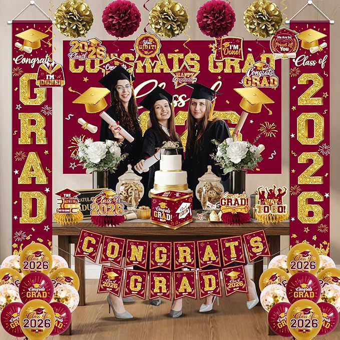 2026 Graduation Decorations - Red Congrats Grad Party Supplies include Card Box, Backdrop, Banner and Balloons for Class of 2026 Decorations Set