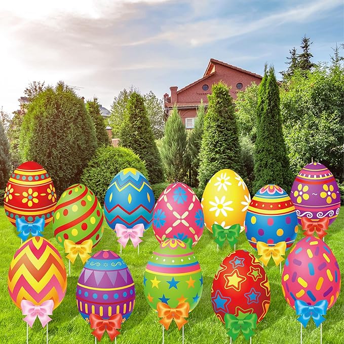 Amyhill 12 Pcs Easter Outdoor Yard Decoration Eggs Garden Lawn Stake Signs with Stakes and Bow Waterproof Corrugated Easter Outdoor Decoration for Patio Lawn Walkway Spring Party Decorations, 12 Style