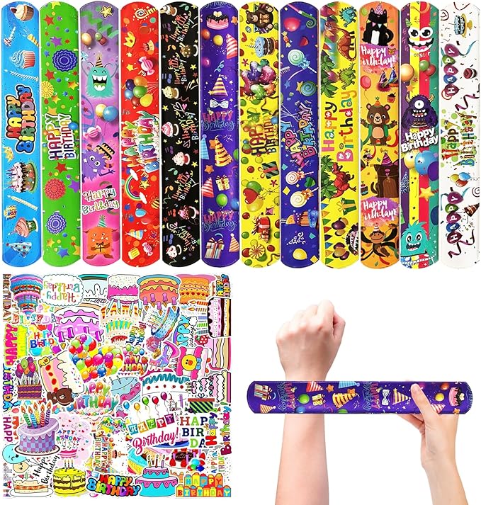 74PCS Happy Birthday Slap Bracelets&Stickers Birthday Theme 24PCS Slap Bracelets 50PCS Stickers Party Favors Basket Bag Filler School Prizes Gifts Party Favors Bulk