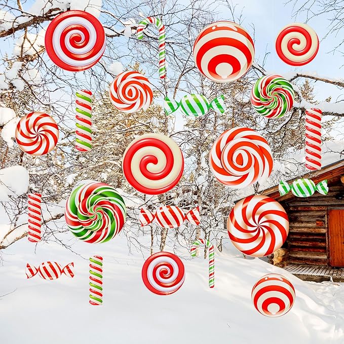 Huwena 24 Pcs Christmas Decorations Outdoor Christmas Hanging Ornaments Peppermint Candy Yard Signs Double Sided Lawn Decorations Peppermint Ornaments for Xmas(Red, Green，white)