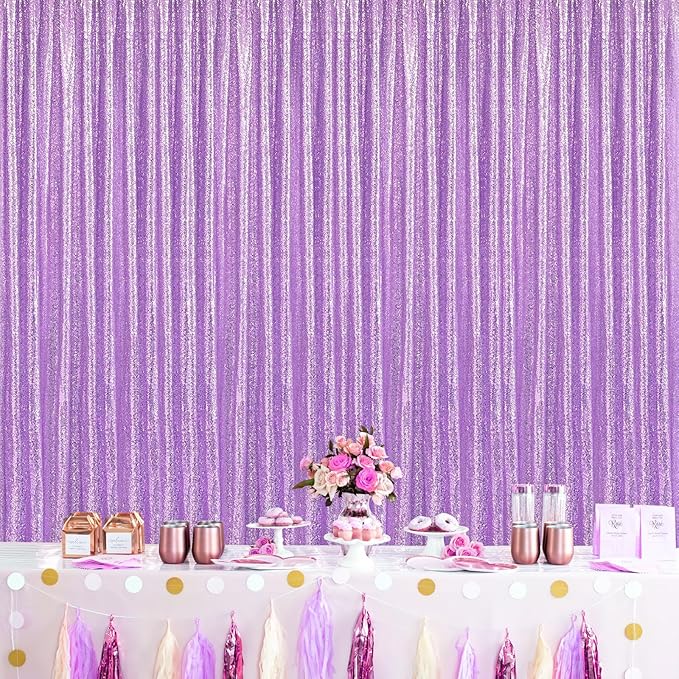 12ftx8ft Lavender Backdrop Curtains for Parties - Light Purple Sequin Photo Background Drapes for Baby Shower Wedding Birthday Glitter Fabric Decor 6 Panels 2ftx8ft