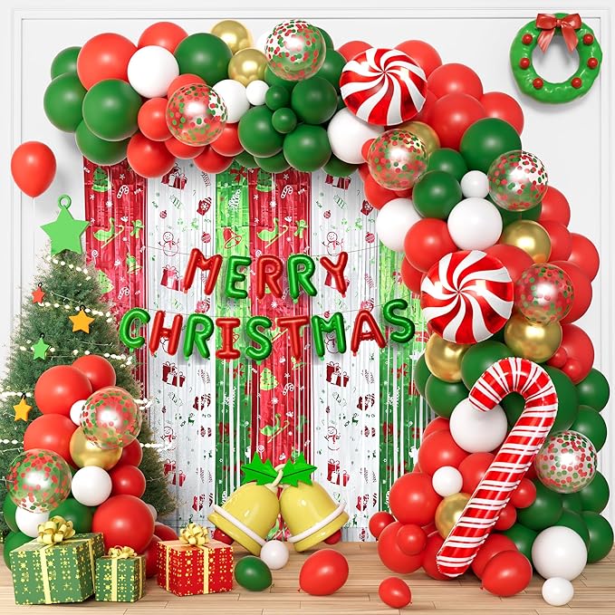Christmas Party Decorations Christmas Balloon Arch Kit with Metallic Fringe Curtains, Merry Christ mas Banner and Candy Cane Balloons for Friendsmas Xmas Birthday Party Decorations