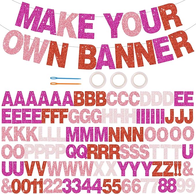 BEISHIDA 116 PCS A-Z DIY Letter Banner Kit Make Your Own Banner Glitter Red Pink Including 111 Letters and Numbers 3 Rope and 2 Threading Device,Customized for Birthday Graduation Wedding Party Decor