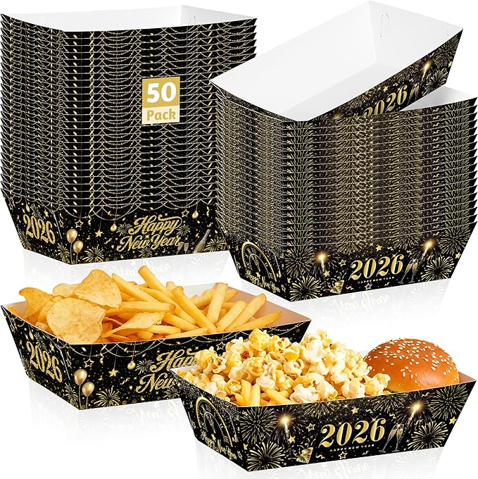 50Pcs New Year Eve Food Trays, 5.94" x 3.34" x 2.16" NYE Party Supplies 2026 Food Boats, Black Gold Serving Trays for Hot Dog Popcorn Taco, Disposable Snack Boats for New Year Decorations