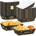 50Pcs New Year Eve Food Trays, 5.94" x 3.34" x 2.16" NYE Party Supplies 2026 Food Boats, Black Gold Serving Trays for Hot Dog Popcorn Taco, Disposable Snack Boats for New Year Decorations